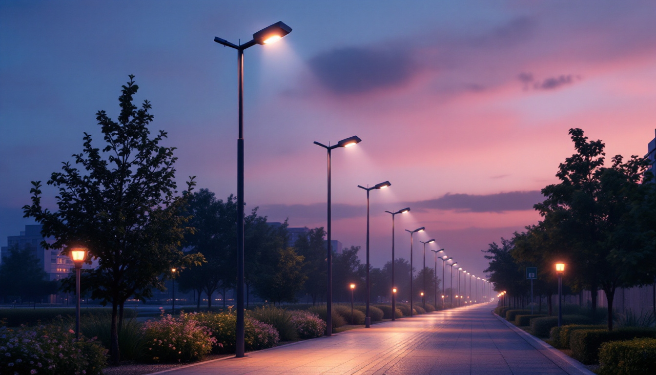 A photograph of a well-lit urban street scene at dusk