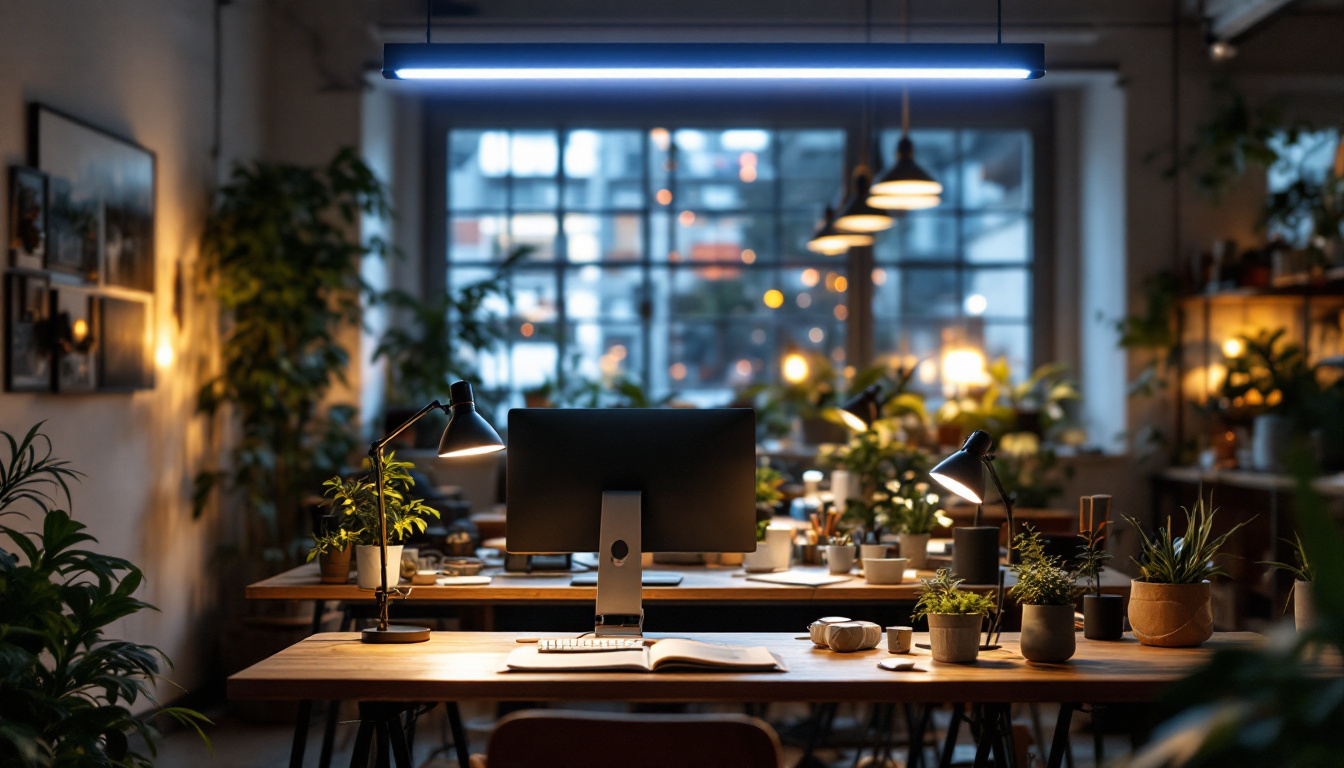 A photograph of a well-lit workspace featuring modern led shop lights