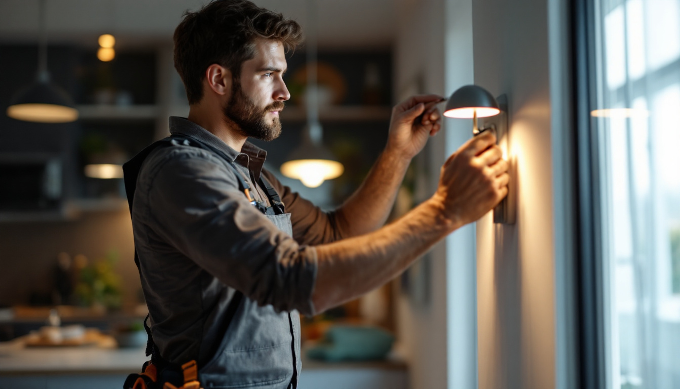 A photograph of a skilled electrician installing swi lighting in a modern home setting