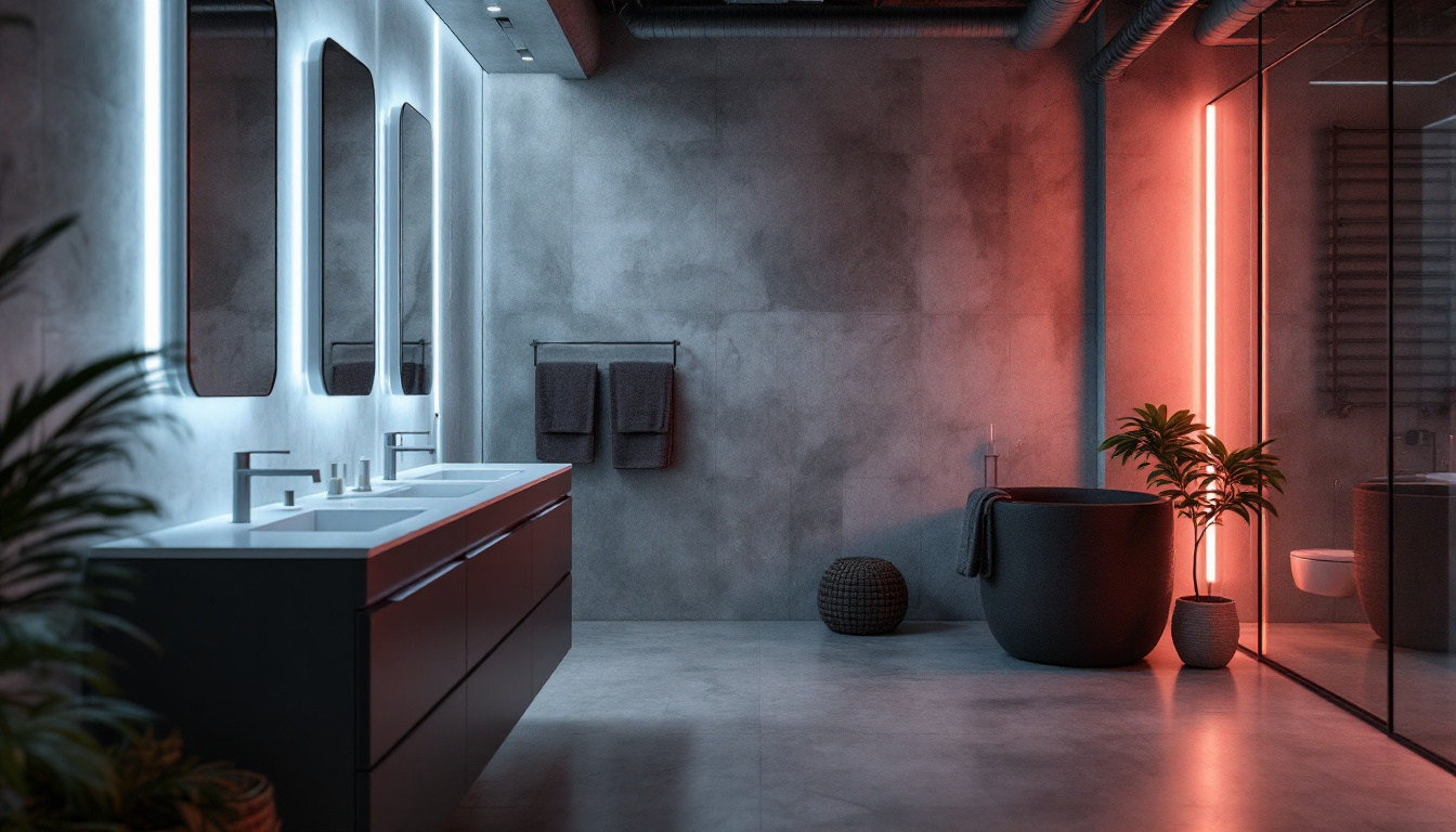 A photograph of a modern industrial or commercial space showcasing innovative led bathroom lighting