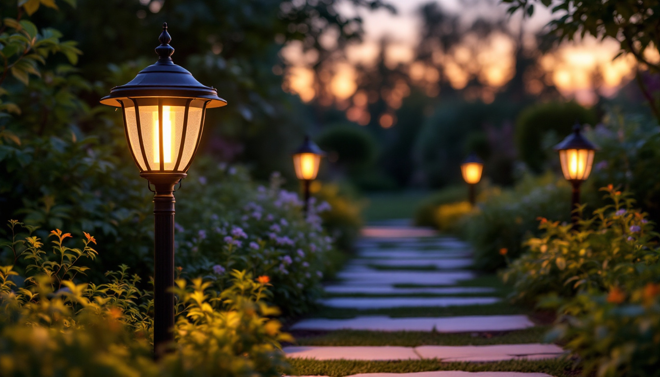 A photograph of a beautifully designed path light illuminating a garden pathway at dusk