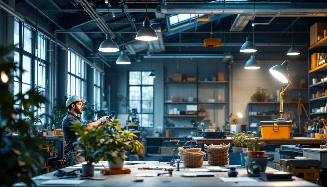 A photograph of a well-lit industrial workspace showcasing discount lamps in action