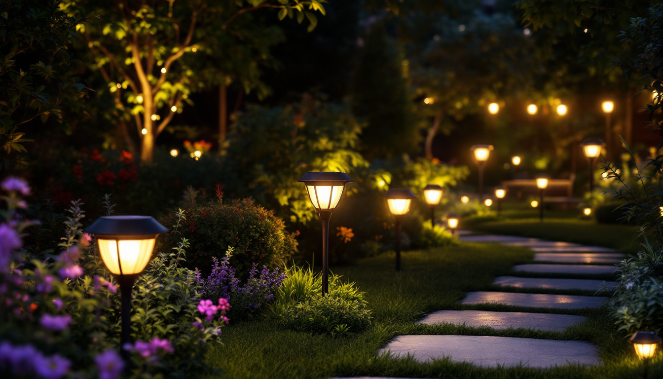 A photograph of a beautifully illuminated outdoor space at night featuring various styles of solar lights that stay on all night