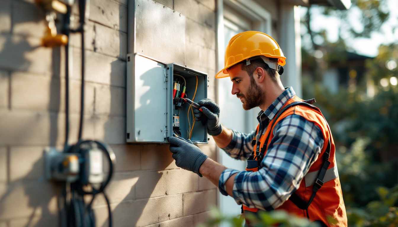 A photograph of an electrician installing an outdoor electrical box on a residential property