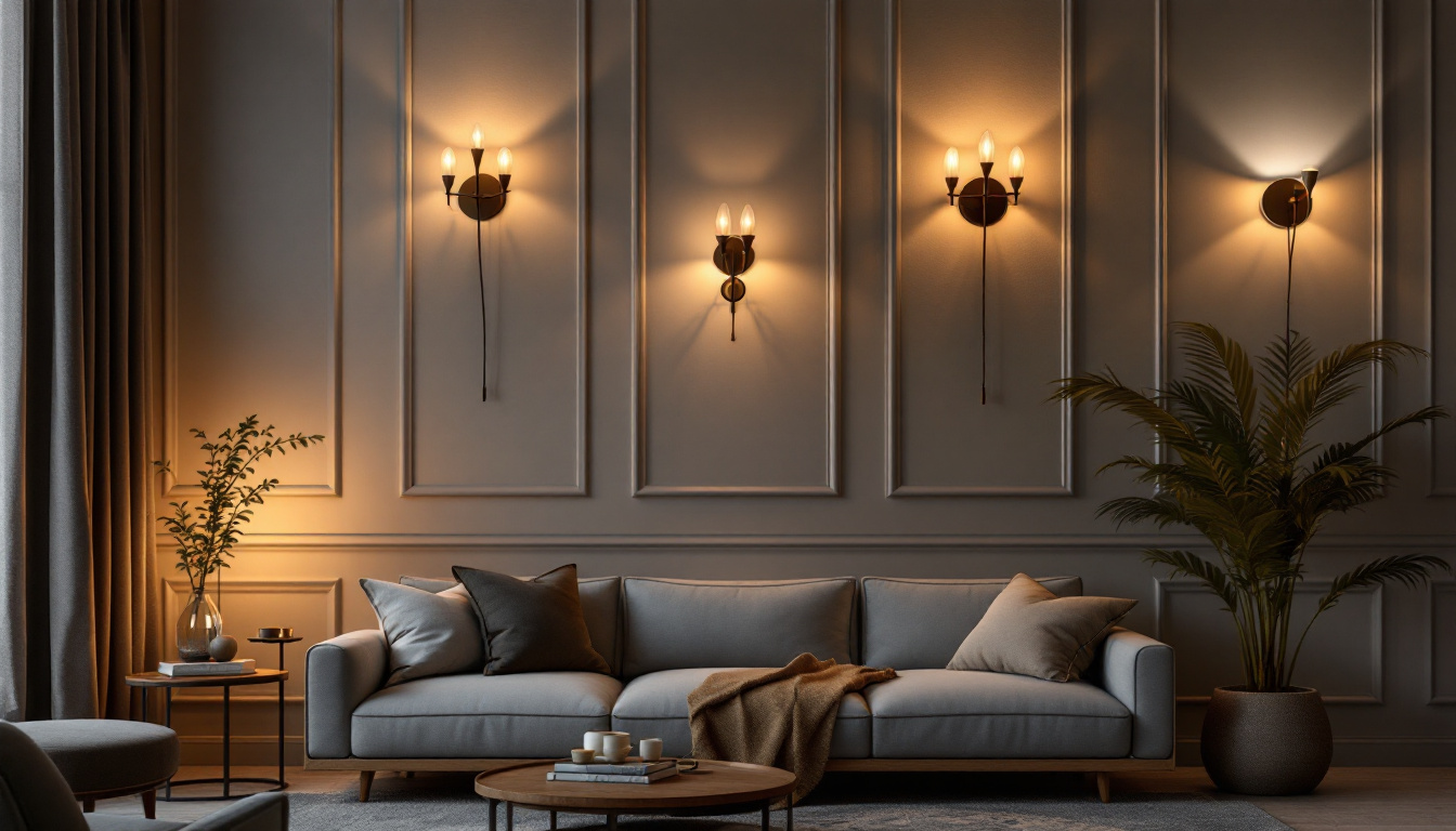 A photograph of a beautifully designed room featuring a variety of sconce lights in different styles and placements