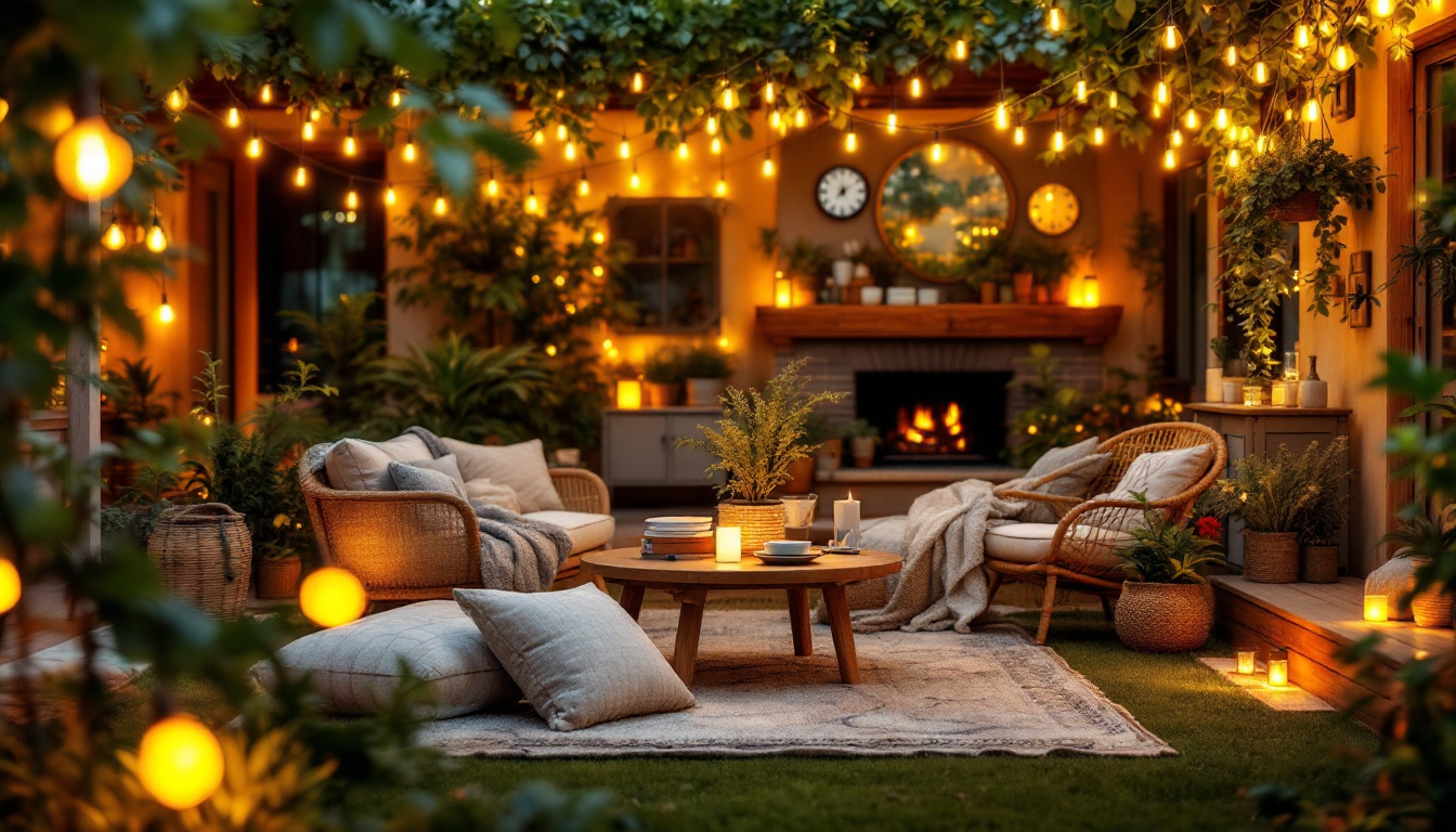 A photograph of a beautifully arranged scene featuring a variety of led string lights illuminating a cozy outdoor space