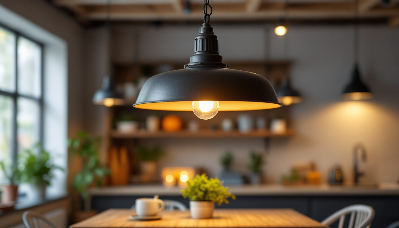 A photograph of a stylish industrial hanging light fixture illuminating a modern workspace or dining area