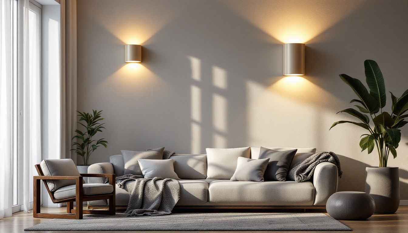 A photograph of a stylish modern living space featuring elegant wall sconce lights that enhance the ambiance