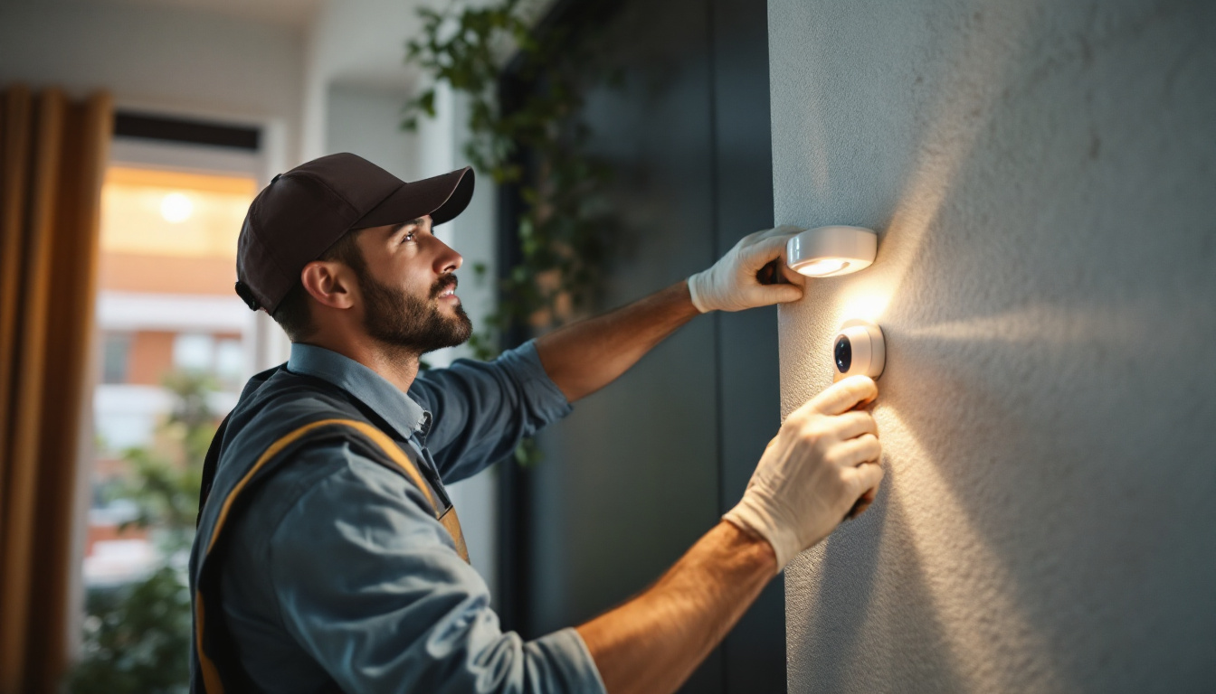 A photograph of a technician installing a motion sensor in a residential or commercial setting