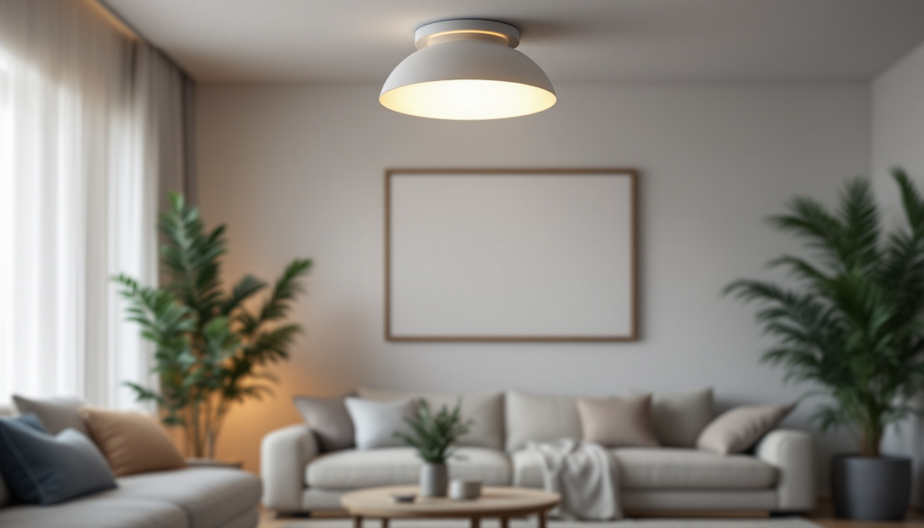 A photograph of a beautifully designed living space featuring a semi-flush mount light fixture as the focal point