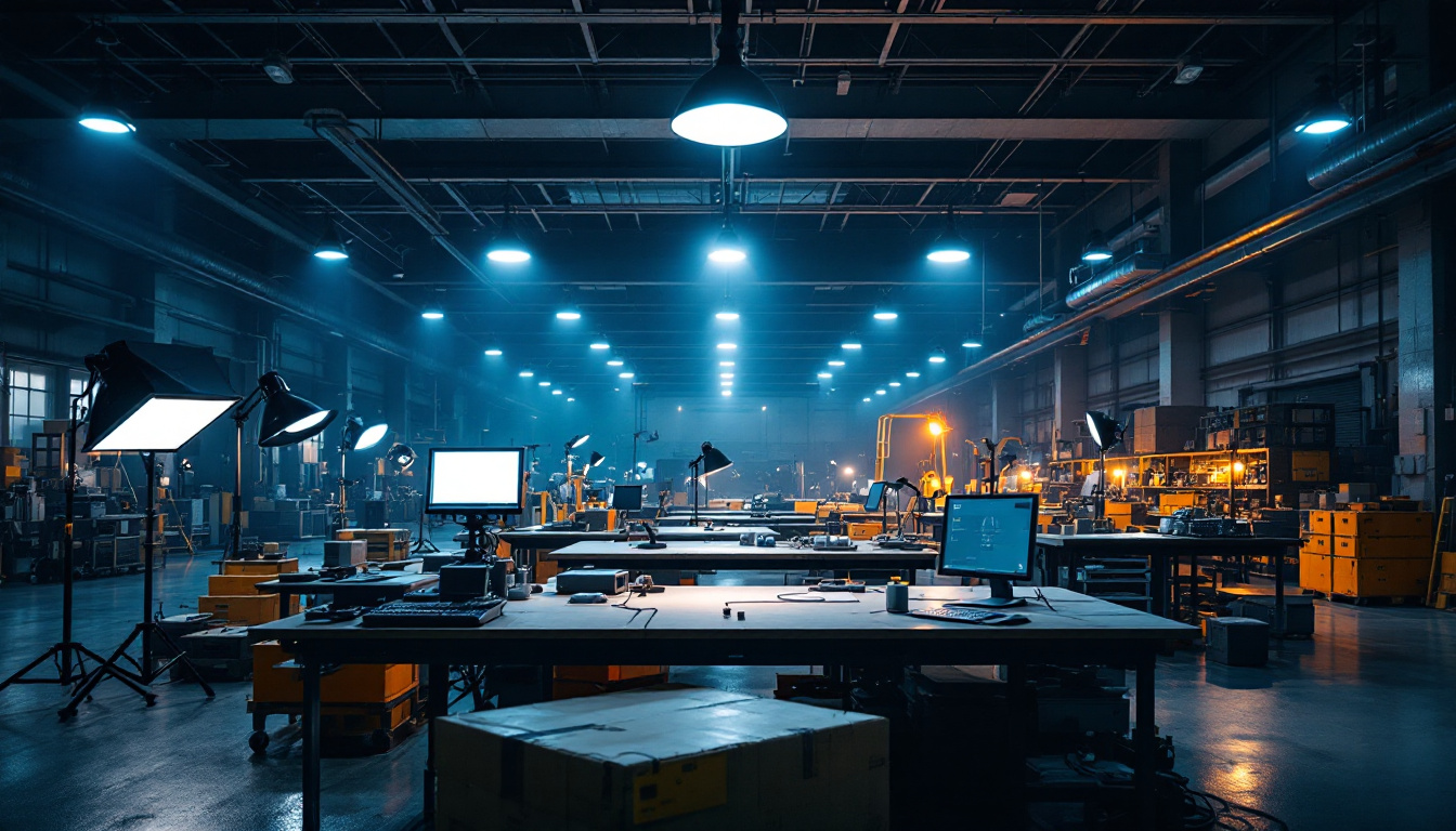 A photograph of a well-lit industrial workspace showcasing various lighting setups