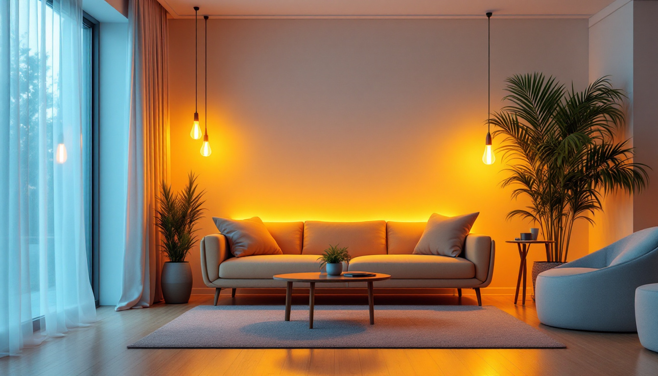 A photograph of a modern living space illuminated by vibrant fluorescent bulbs