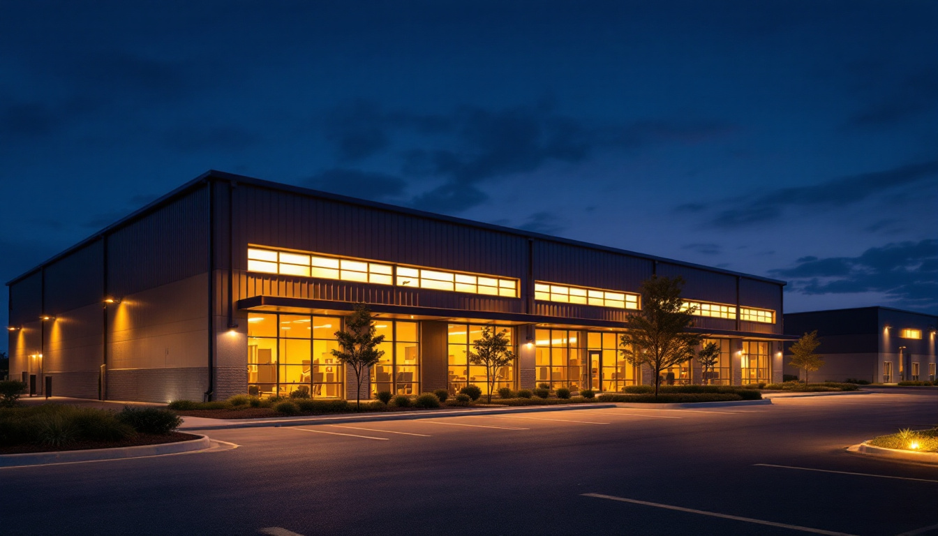 A photograph of a beautifully illuminated industrial or commercial space at dusk