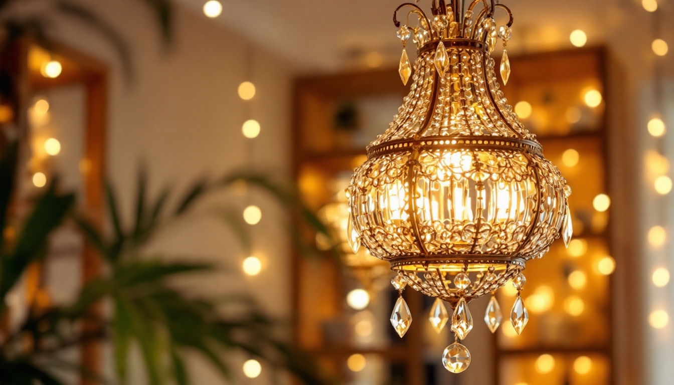 A photograph of a beautifully designed lamp chandelier in a well-lit room