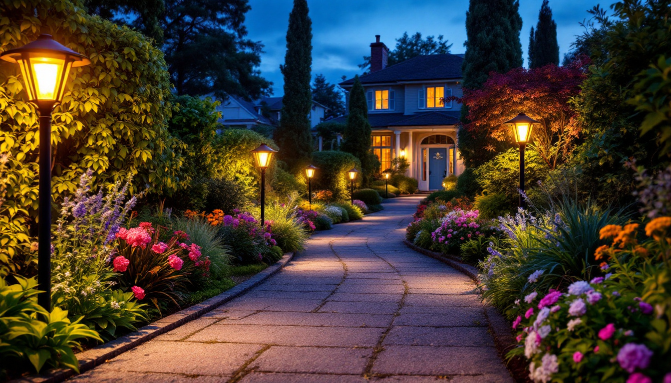 A photograph of a beautifully landscaped garden illuminated by solar lamps at dusk