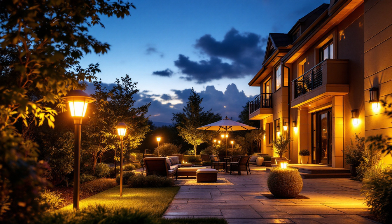 A photograph of a beautifully illuminated outdoor space featuring strategically placed led solar lights