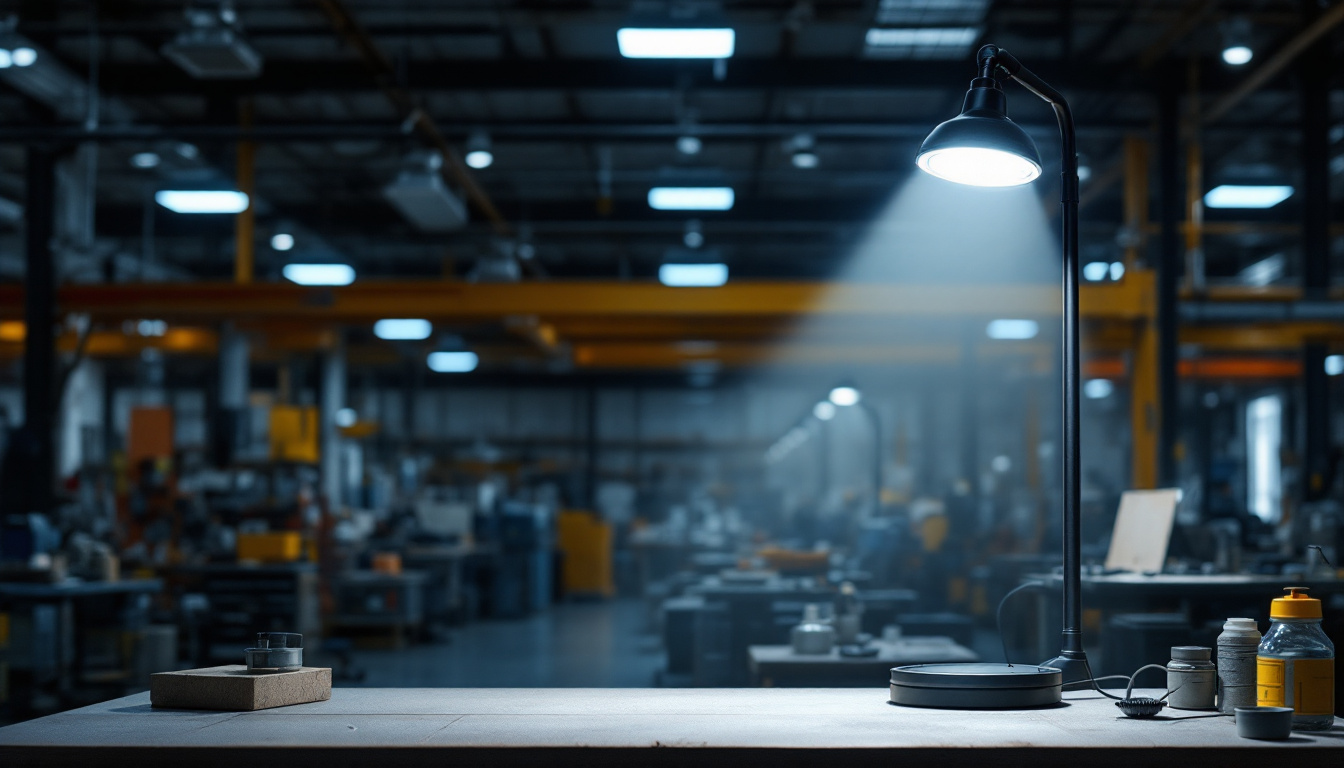 A photograph of a well-lit industrial workspace featuring a 4 ft led shop light in action