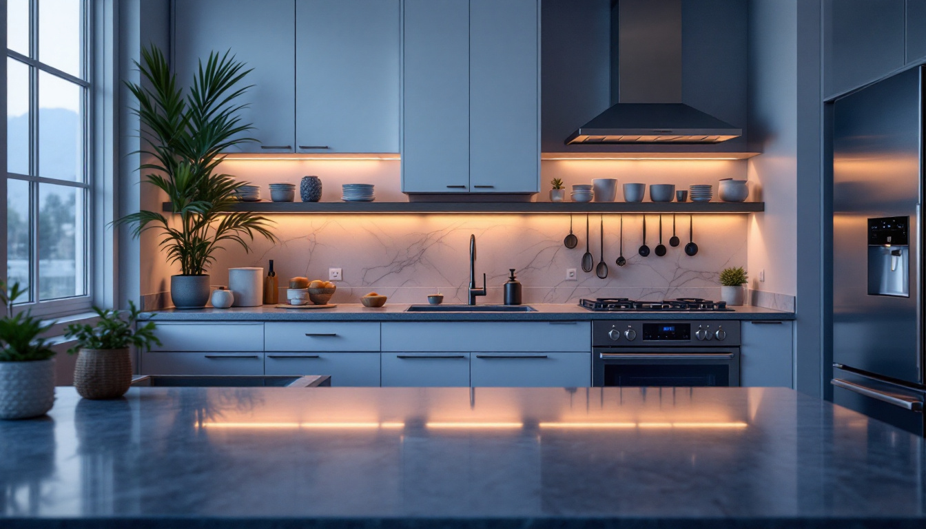 A photograph of a beautifully designed kitchen featuring strategically placed under-counter lighting that highlights the countertops and creates an inviting atmosphere