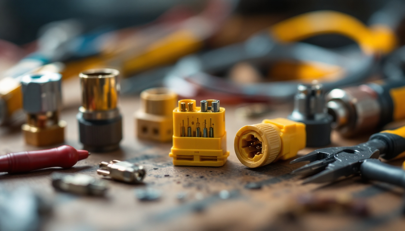 A photograph of a close-up shot of various low voltage wire connectors arranged neatly on a workbench