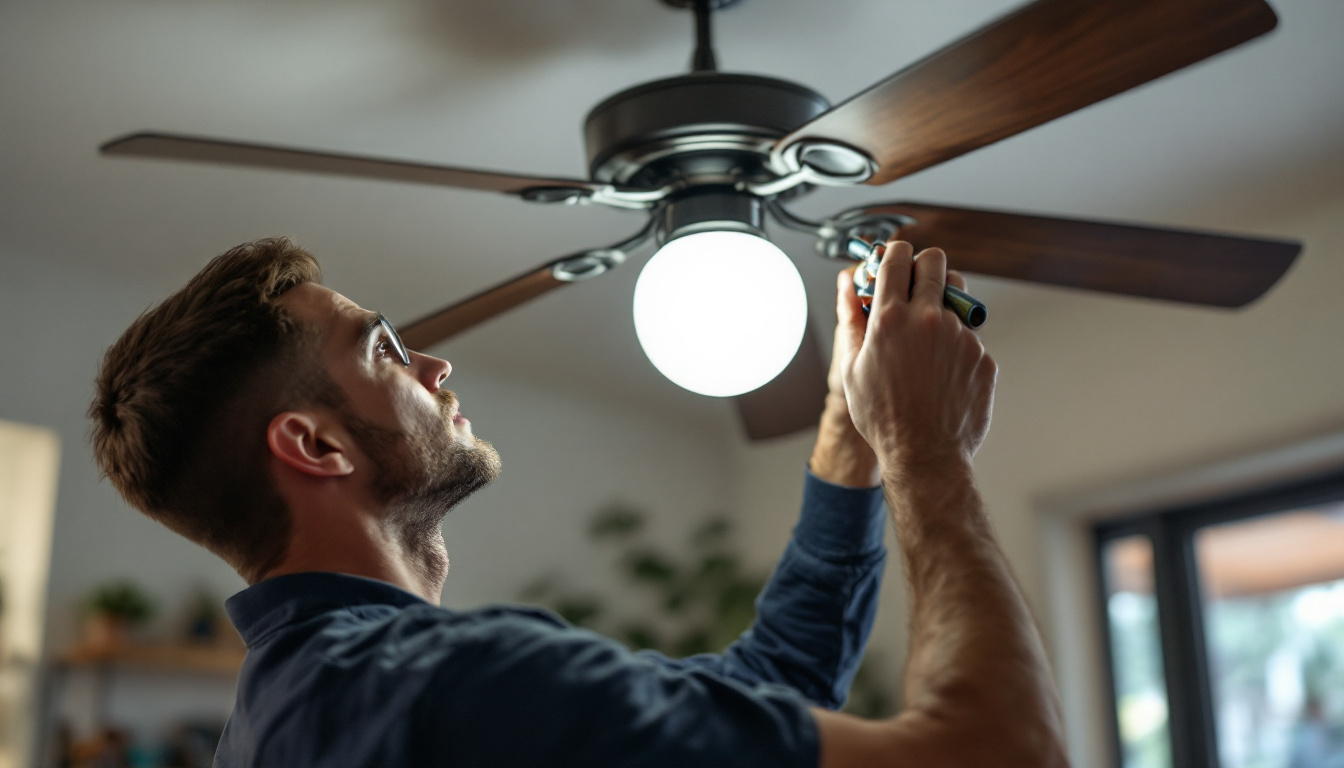 A photograph of a person carefully replacing the globe on a ceiling fan