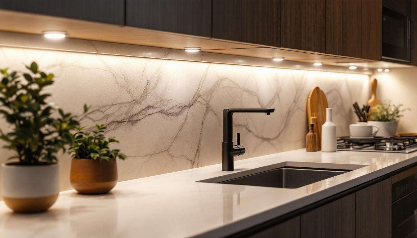 A photograph of a beautifully designed kitchen featuring various styles of underneath cabinet lights illuminating the countertop