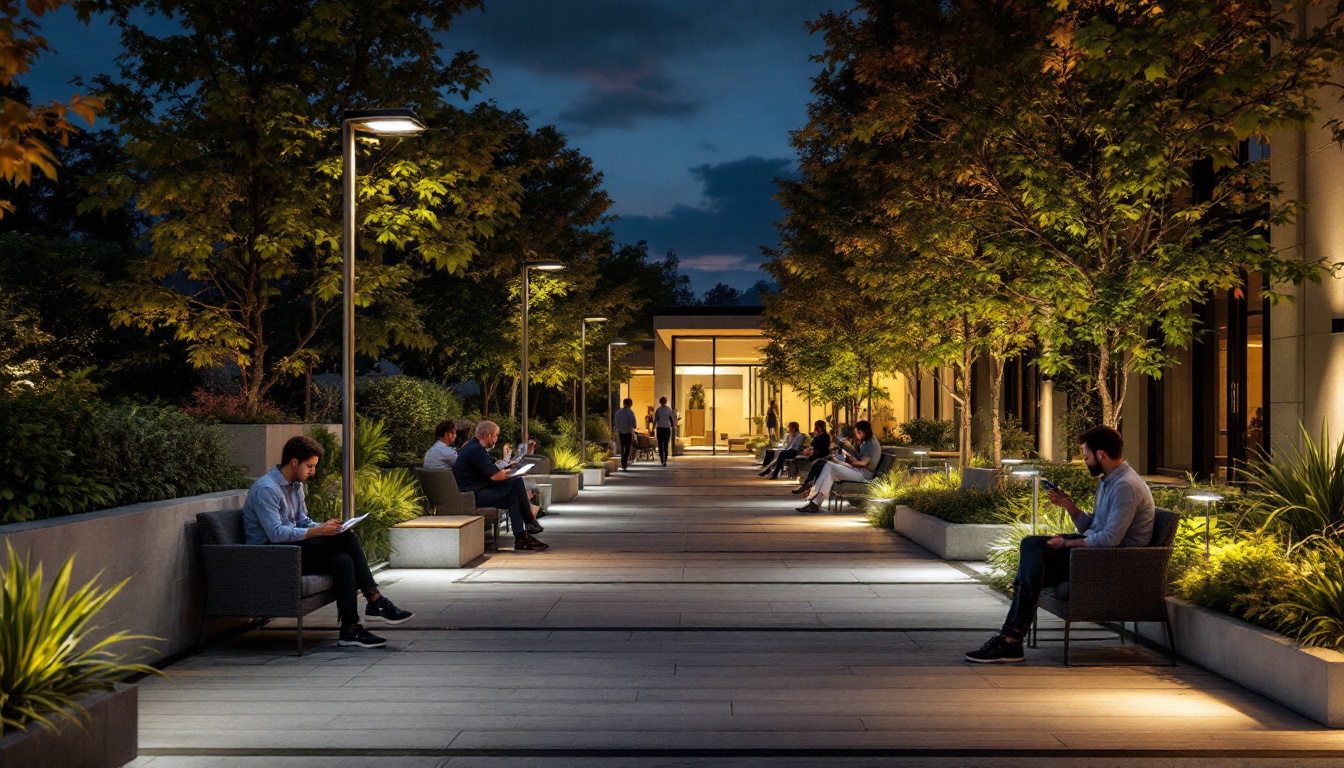 A photograph of a well-lit outdoor space showcasing various types of outdoor lighting installations