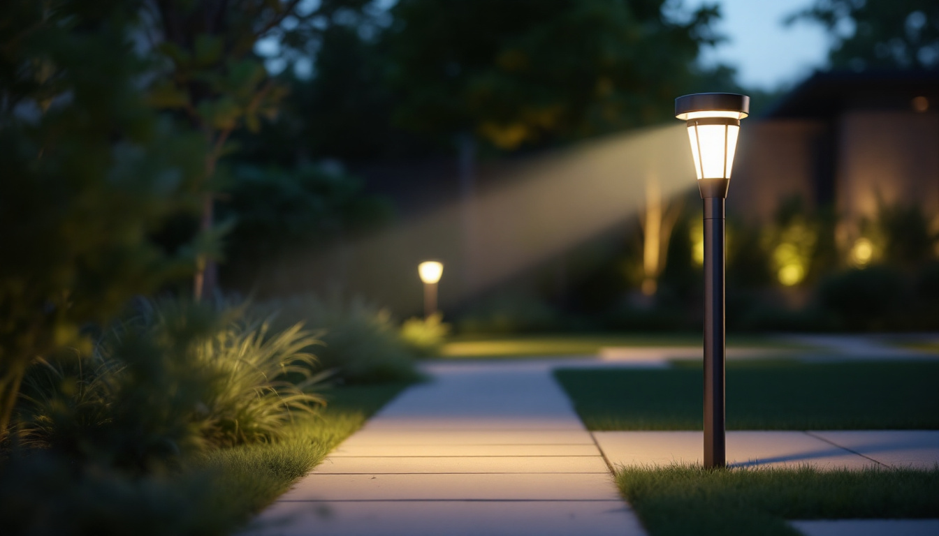 A photograph of a well-lit outdoor space featuring a motion sensor lamp in action