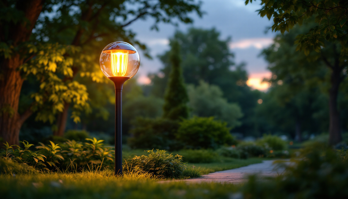 A photograph of a beautifully designed eagle park lamp illuminating a lush