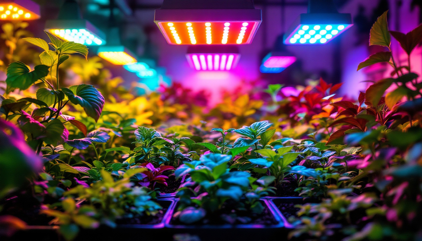 A photograph of a vibrant indoor garden illuminated by various types of grow led lights