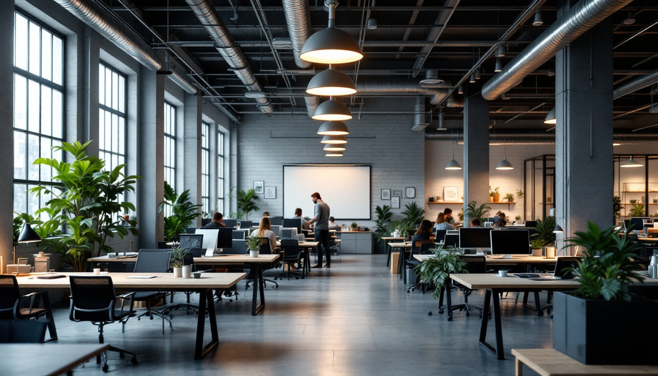 A photograph of a modern industrial workspace featuring sleek ceiling mount light fixtures illuminating various workstations