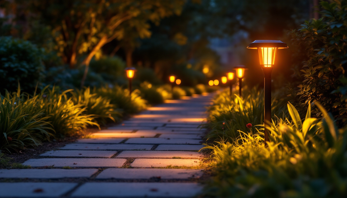 A photograph of a beautifully illuminated pathway lined with walkway solar lights at dusk