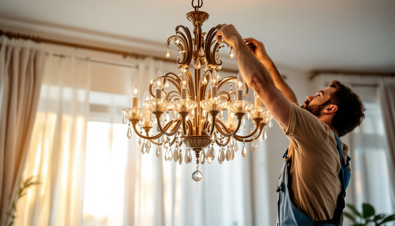 A photograph of a beautifully designed chandelier being installed in an elegant living space