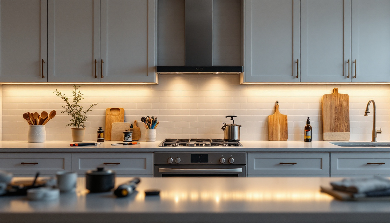 A photograph of a beautifully illuminated kitchen featuring sleek under-cabinet lighting