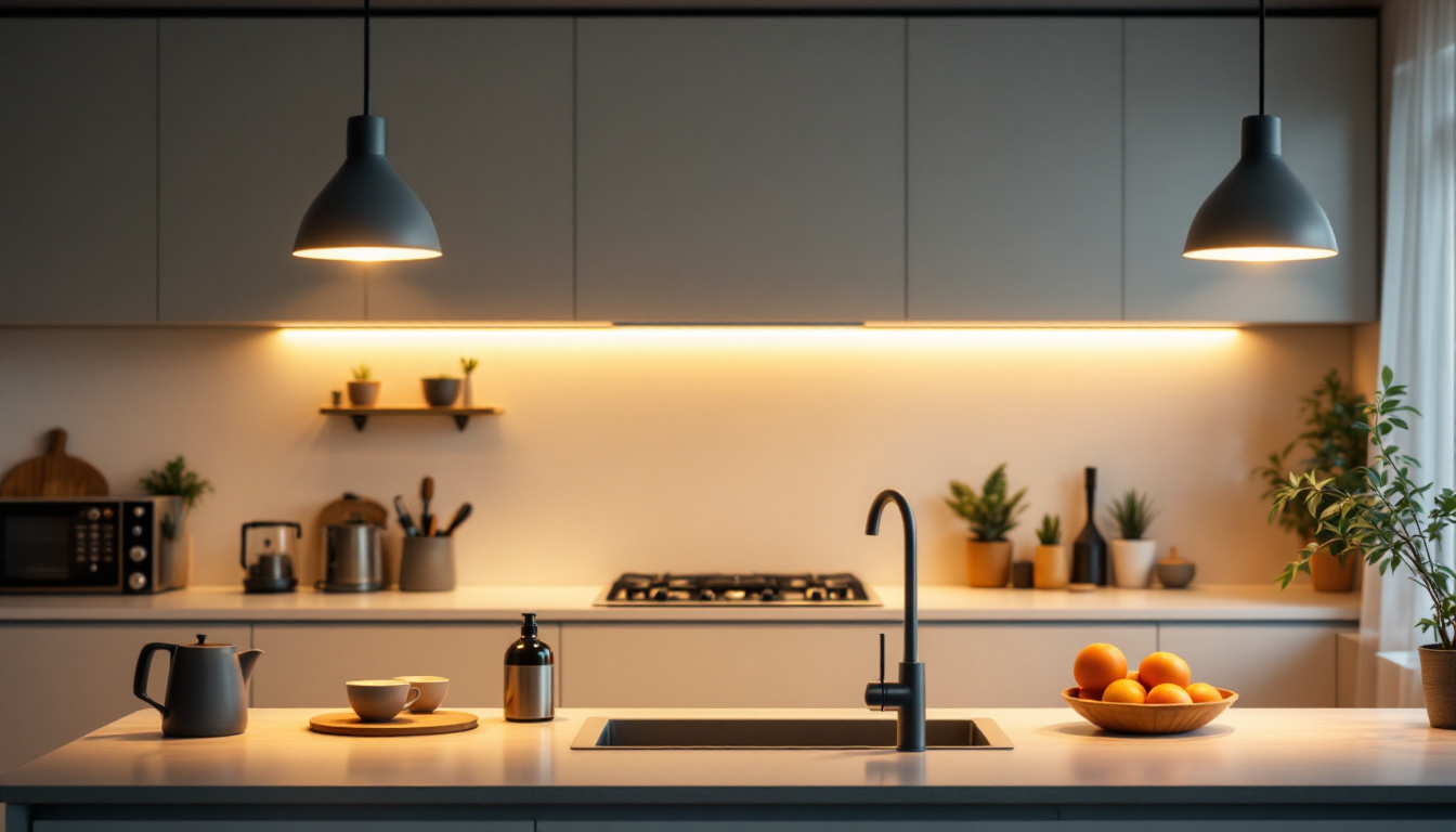 A photograph of a modern kitchen illuminated by stylish ceiling lamps