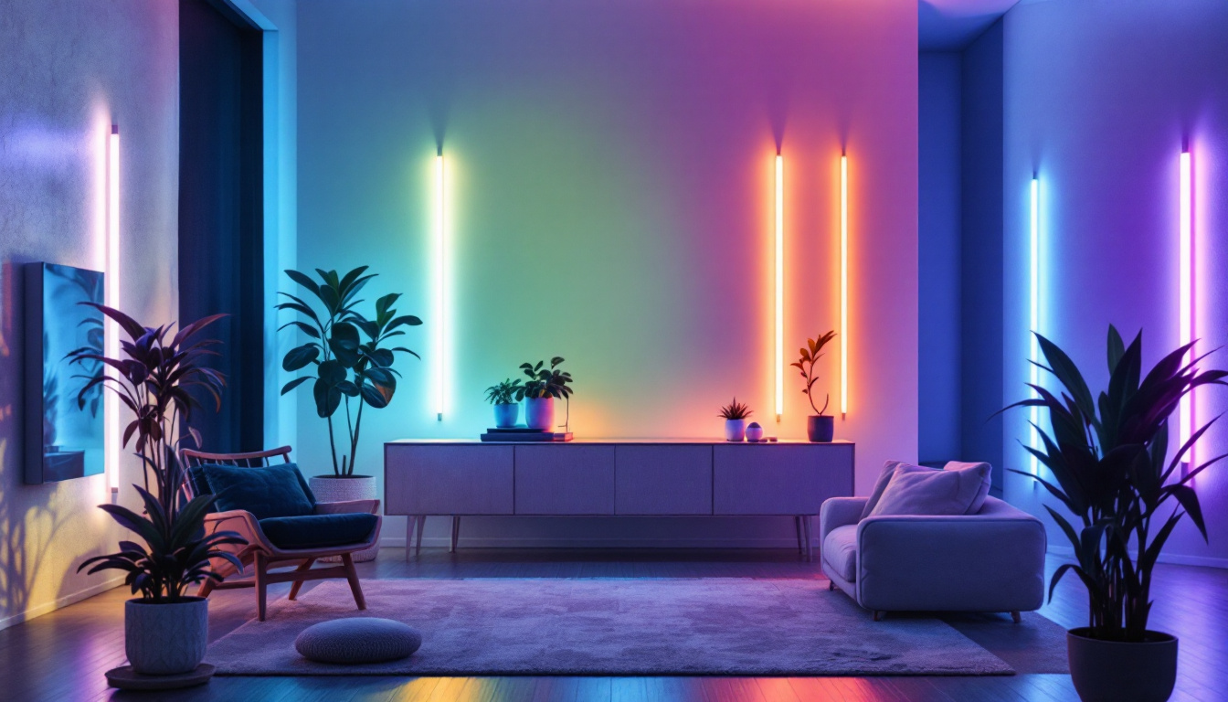 A photograph of a well-lit room showcasing various led light strips in different colors and settings