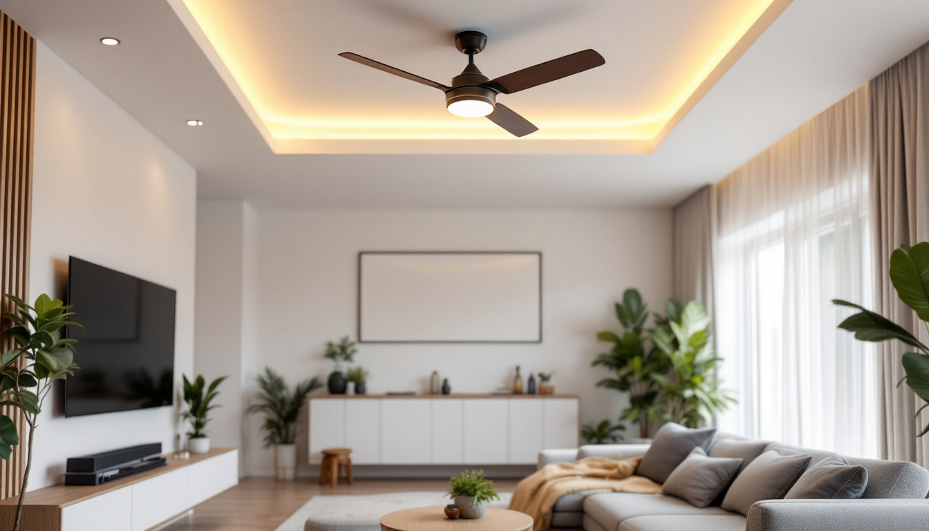 A photograph of a stylish modern living space featuring a sleek ceiling fan light fixture