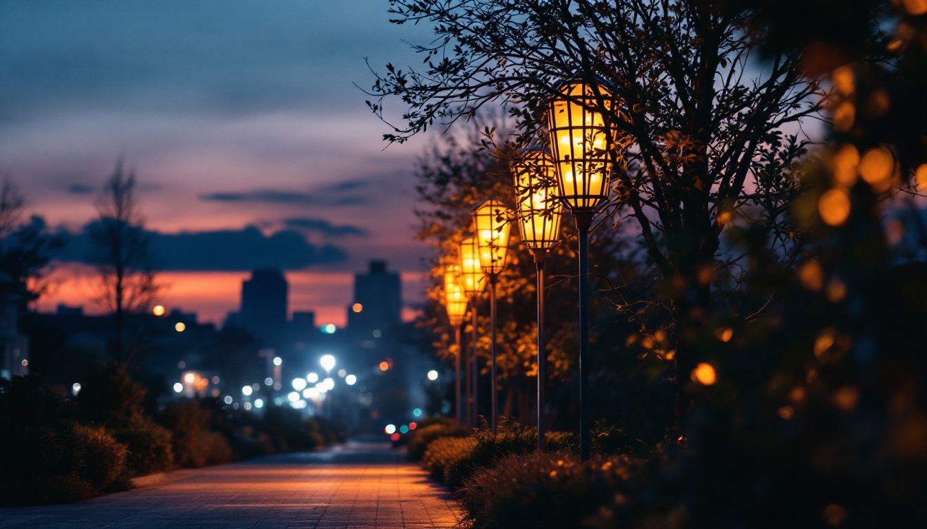 A photograph of a well-lit urban street scene at dusk