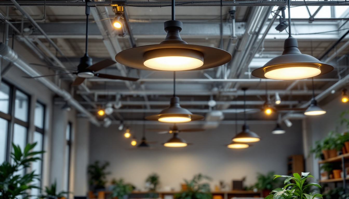 A photograph of a modern industrial workspace featuring stylish ceiling fans with integrated lighting