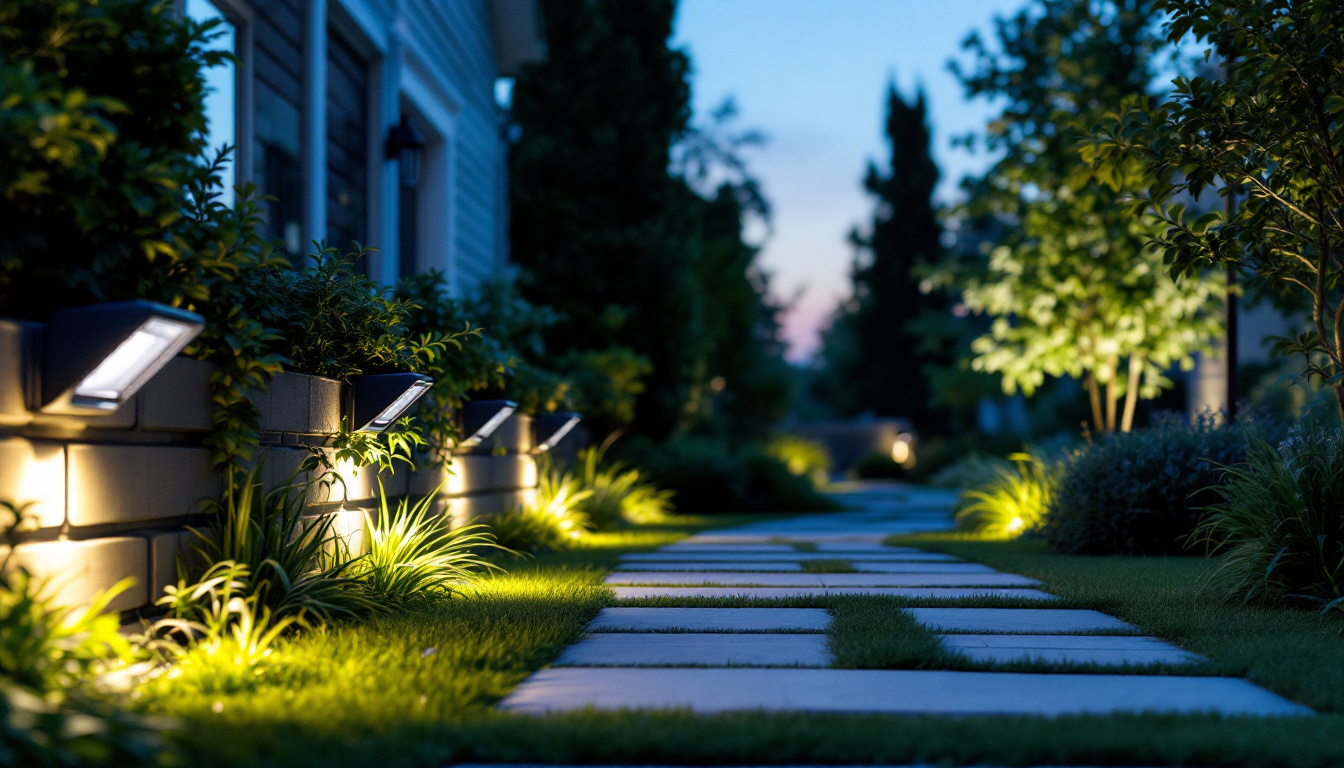 A photograph of a well-lit outdoor setting showcasing various motion detector flood lights in action