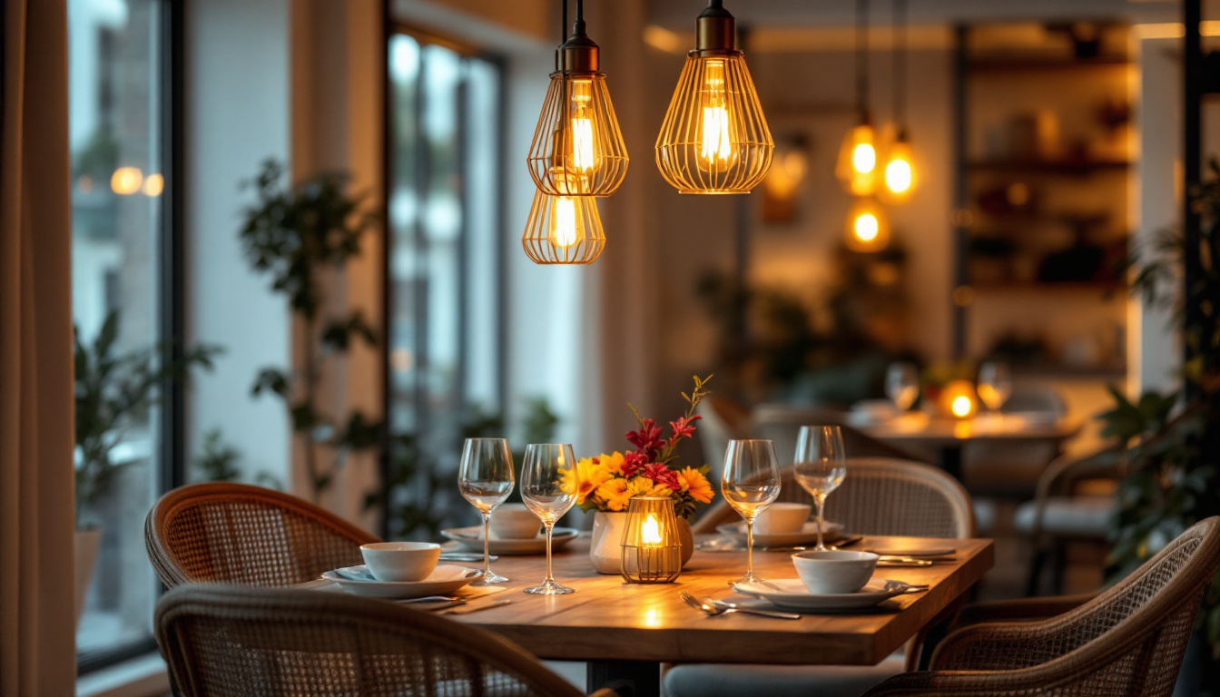 A photograph of a beautifully set dining room featuring elegant hanging lights that illuminate the space