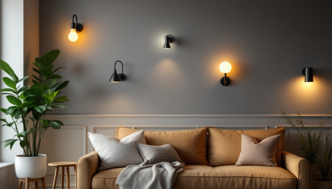 A photograph of capture a photograph of a stylishly decorated room featuring various wall sconces in different styles and lighting intensities