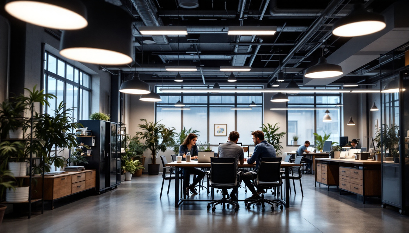 A photograph of capture a photograph of a modern industrial workspace featuring sleek recessed lighting installations that highlight the functionality and aesthetic appeal of the environment