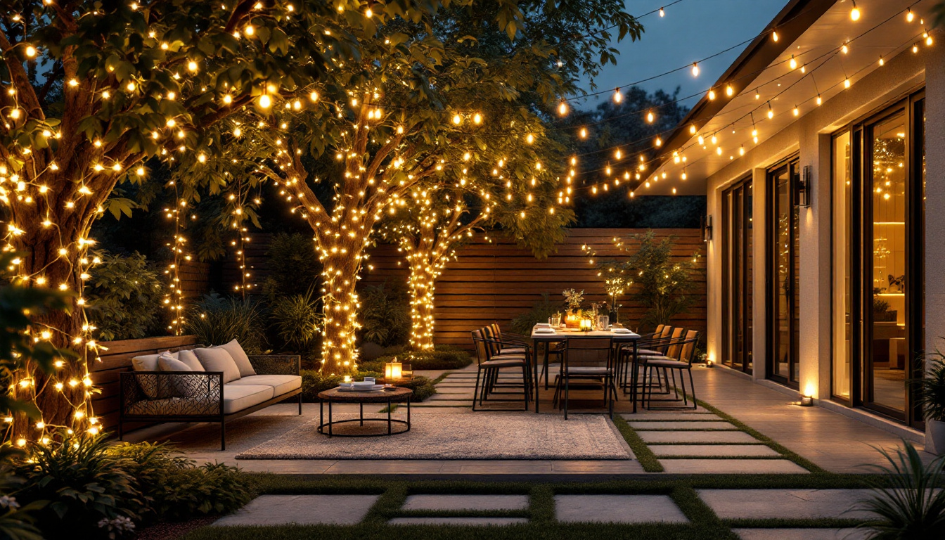 A photograph of a beautifully illuminated modern backyard space featuring stylish string lighting draped elegantly across trees or structures