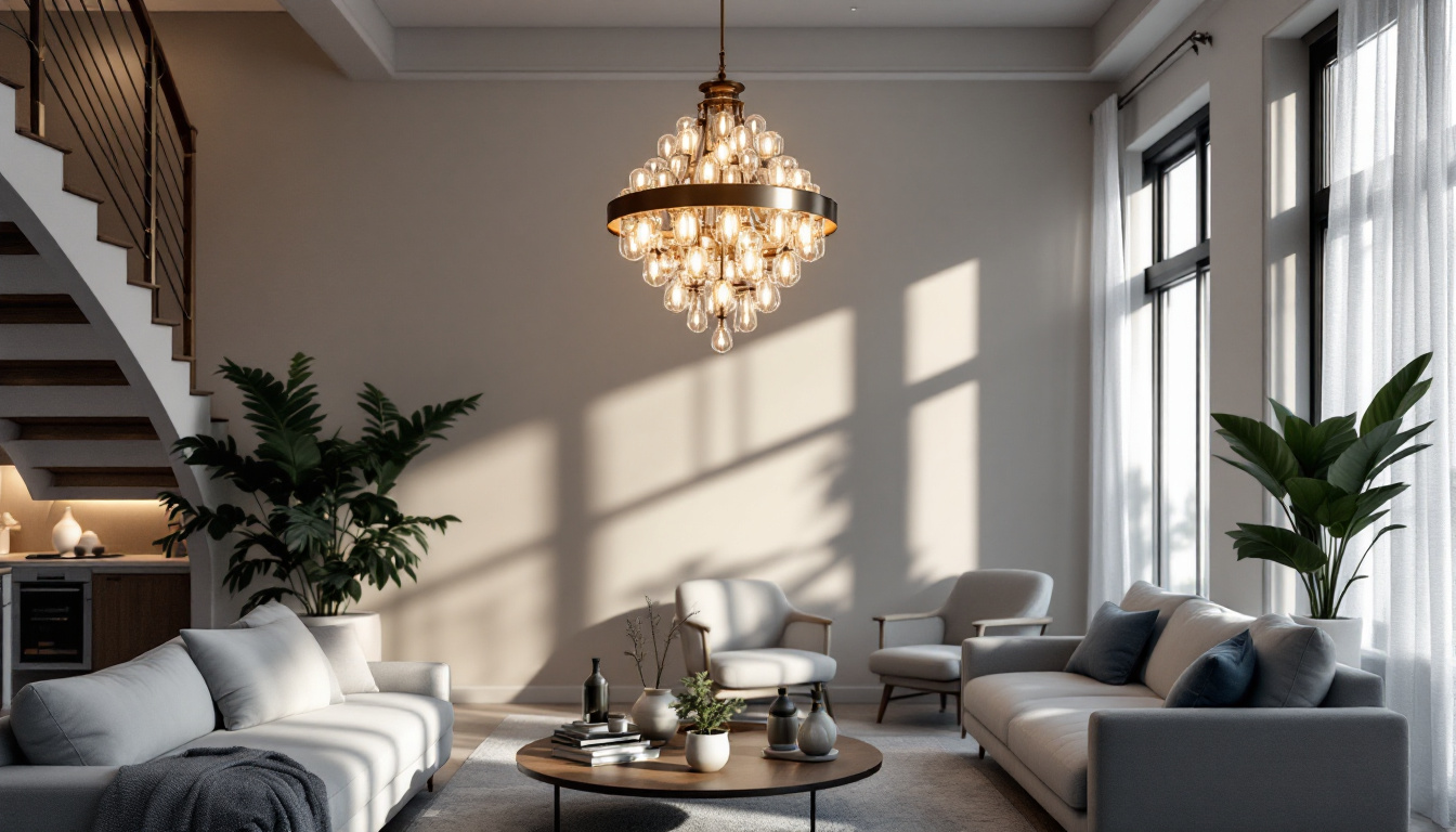 A photograph of a beautifully designed living space featuring a stunning pendant chandelier as the focal point