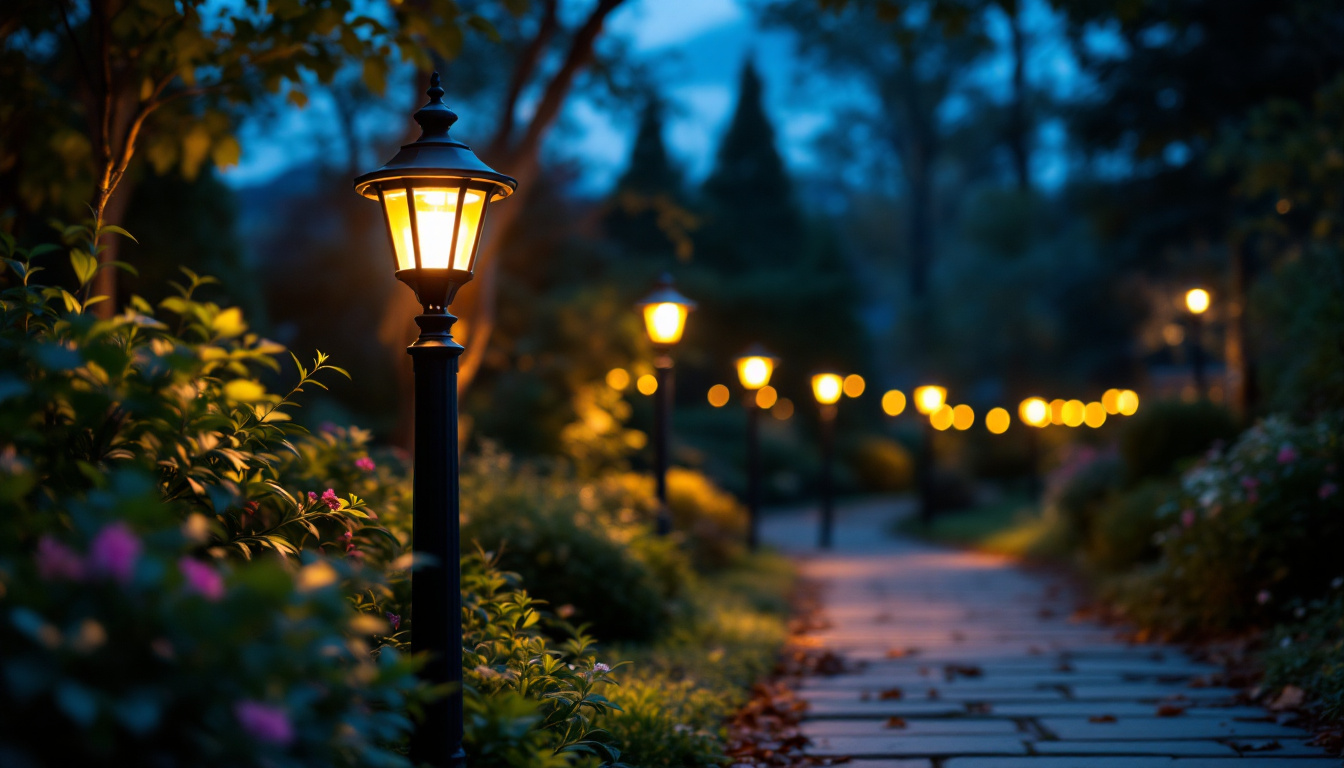 A photograph of a beautifully illuminated path lamp casting warm light along a scenic walkway