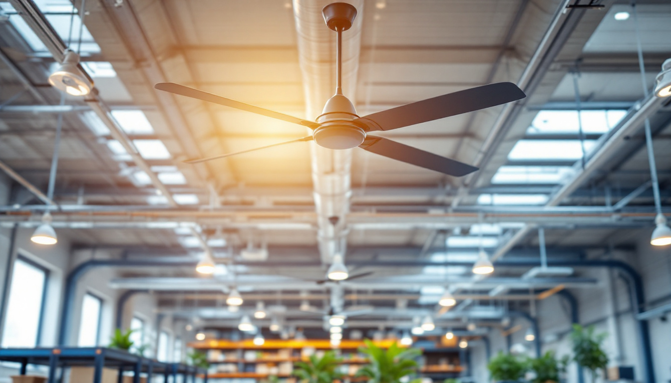 A photograph of capture a photograph of a modern industrial or commercial space featuring sleek ceiling fans in action