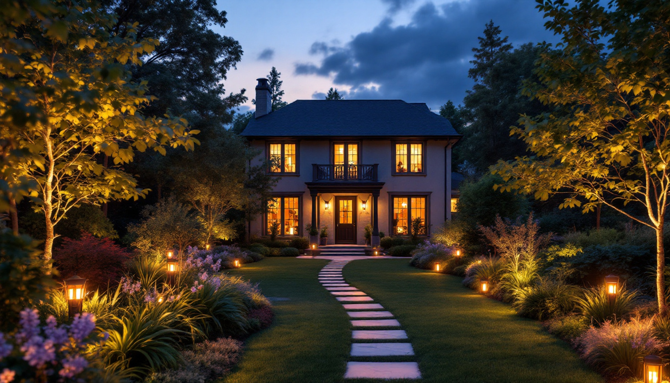 A photograph of a beautifully illuminated yard at dusk