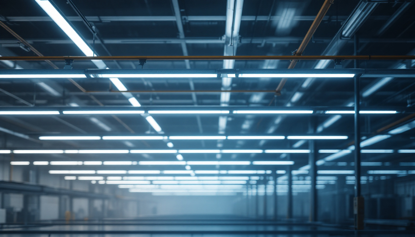 A photograph of a well-lit workspace or industrial setting showcasing linear lighting installations