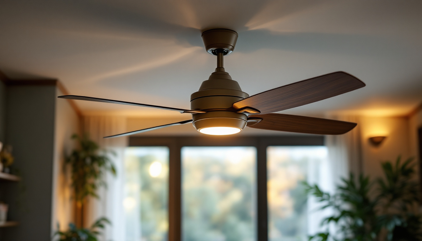 A photograph of a stylish ceiling fan with an integrated energy-efficient lamp