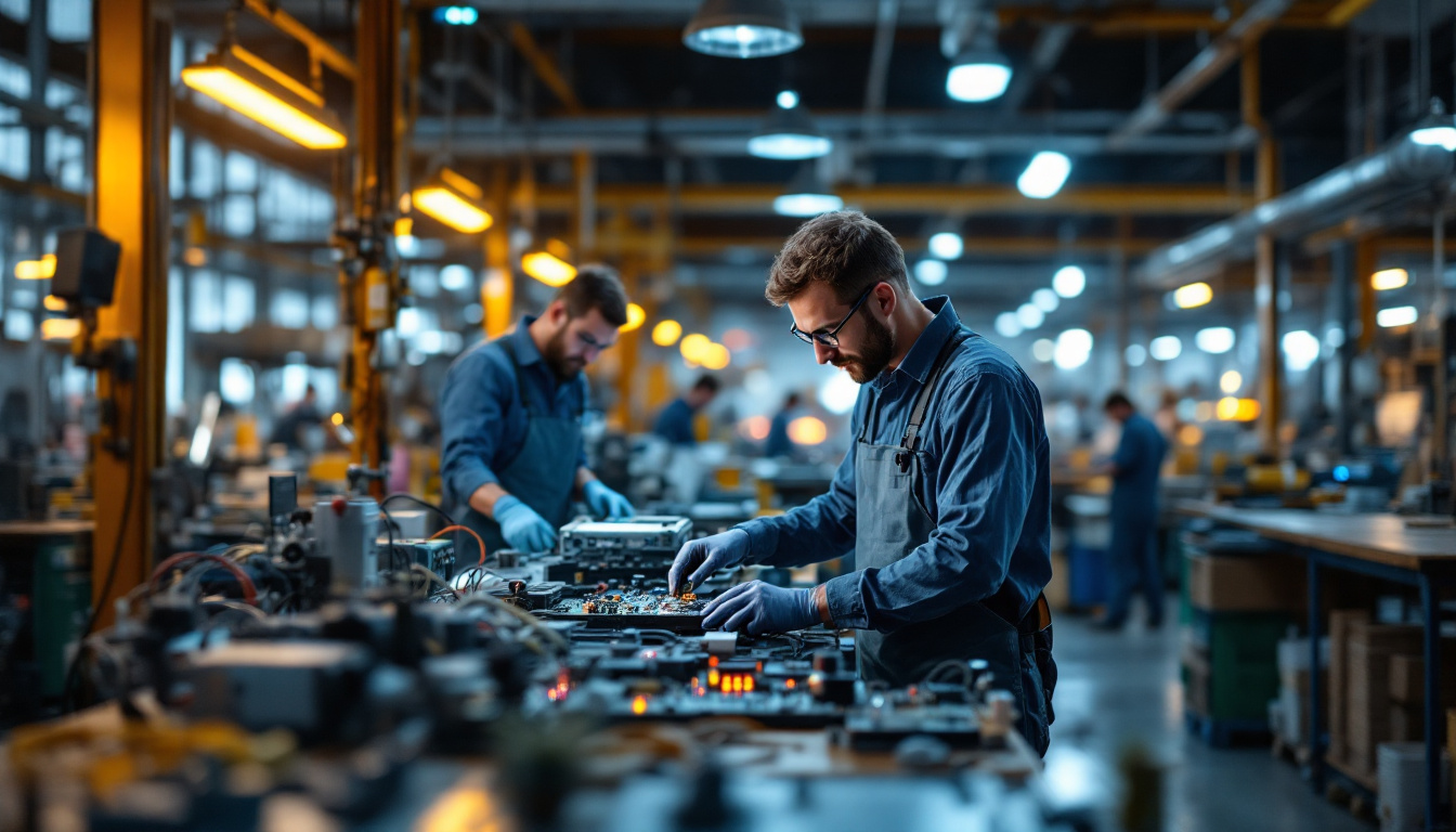 A photograph of a bustling industrial workspace where workers are creatively integrating various electrical components into machinery and equipment